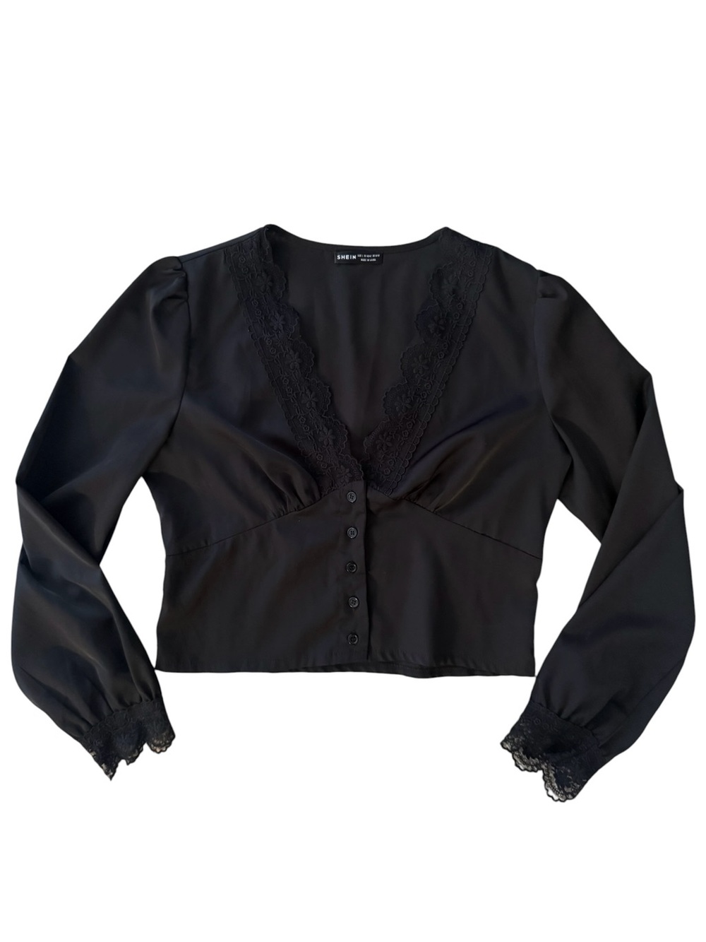 SHEIN Black Lace-Trim Button Crop Blouse - Picture 3 of 6